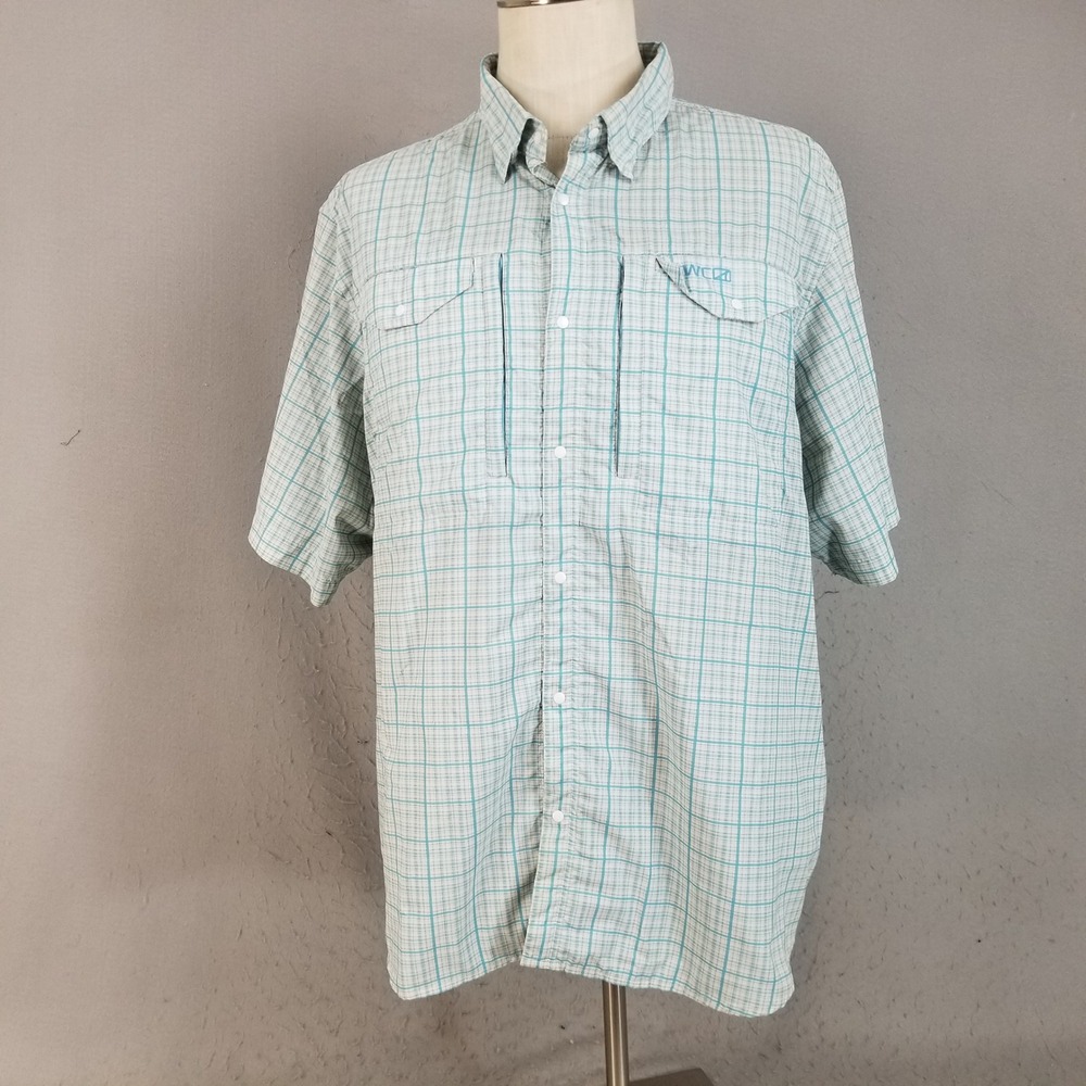 SWC Fishing Shirt Mens XXL Blue Plaid Dri-Fit Vented Outdoor Short Sleeve Button